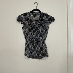 Women’s Ruffle Plaid Blouse Brown Blue Y2K Sheer Elastic Waist Speak2me Size S